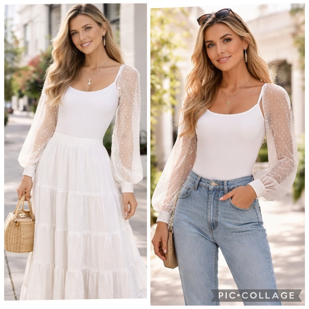 SHEER POLKA DOT SLEEVE SQUARE NECKLINE WHITE BODYSUIT BOHO SPRING SUMMER